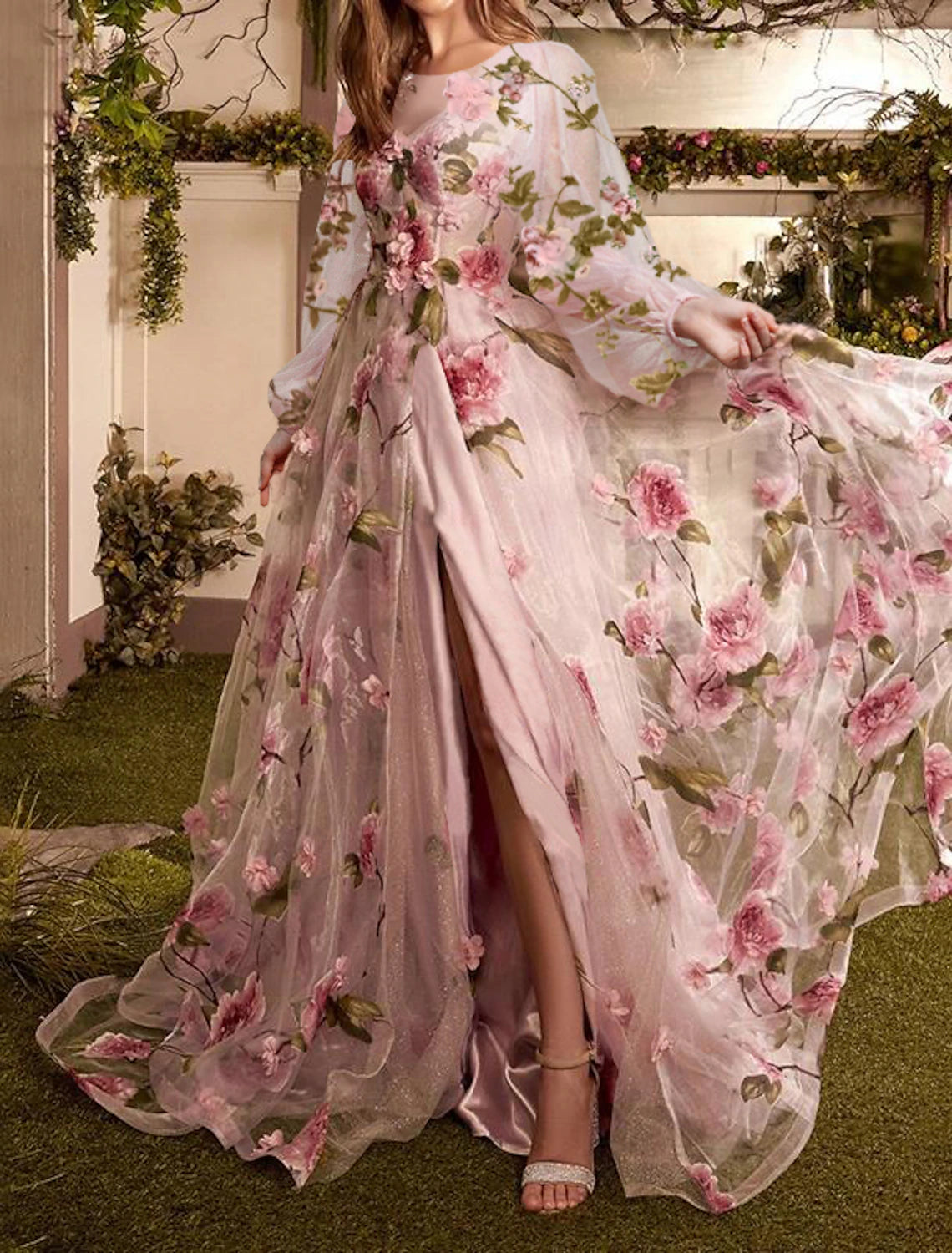 Blushing Pink Chiffon A-Line Floor-Length Evening Dress with Puff Sleeves