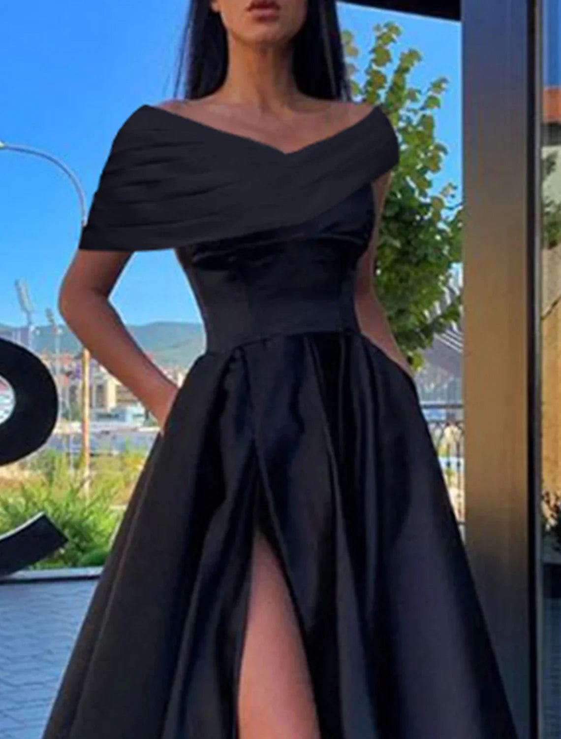 Black Off-the-Shoulder Satin A-Line Evening Gown with High Slit