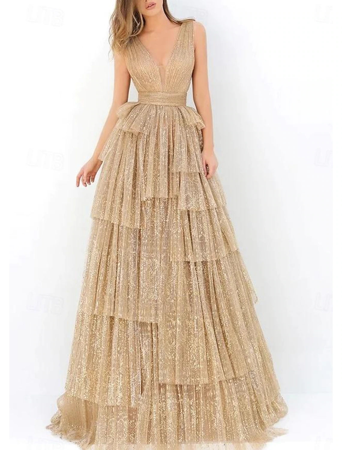 Vestido de fiesta de corte A, elegante, formal, largo hasta el suelo, sin mangas, cuello en V, tul fruncido