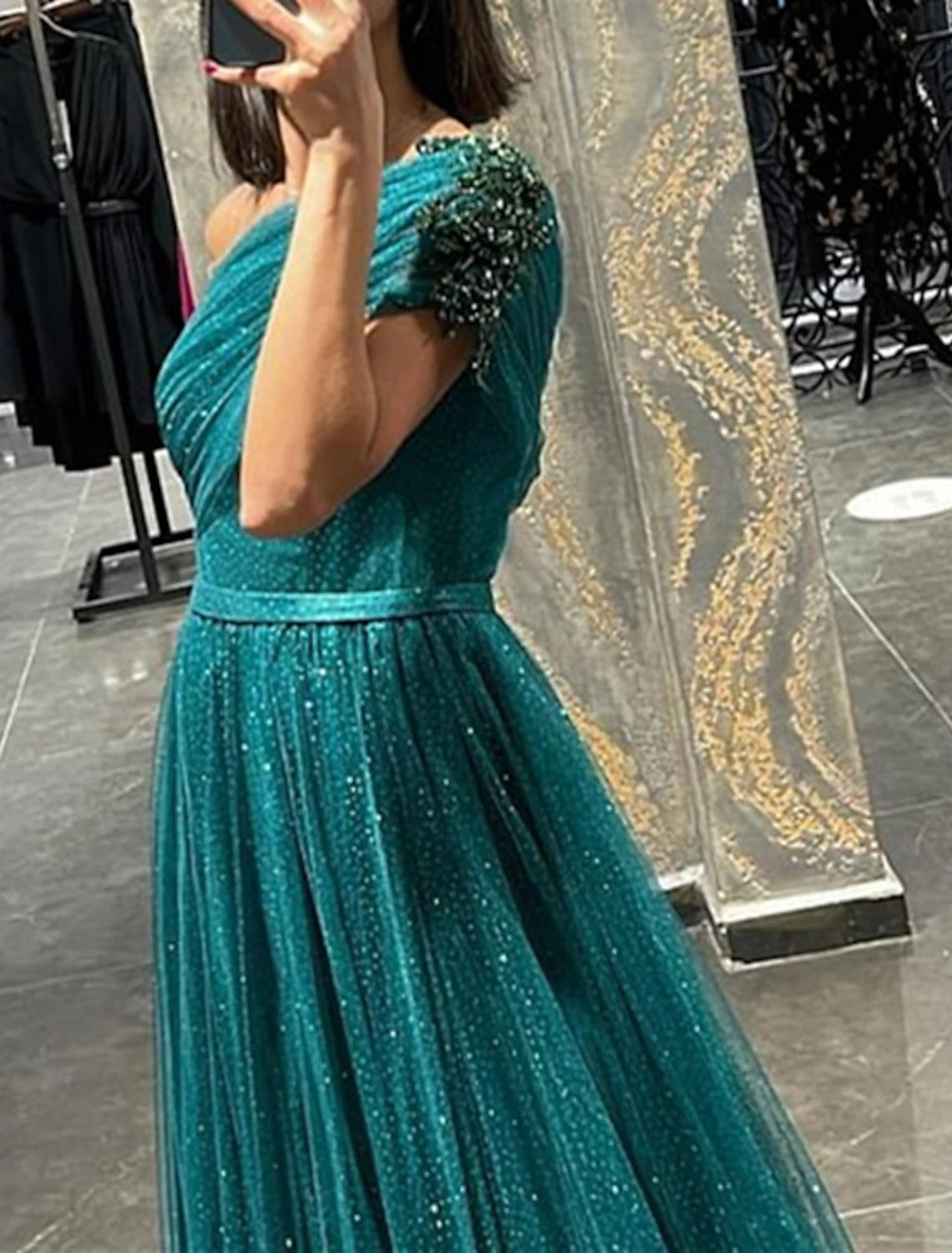 Abito da sera a trapezio, scintillante, da sposa, da ballo, con strascico, senza maniche, monospalla, in tulle con applicazioni arricciate e glitterate