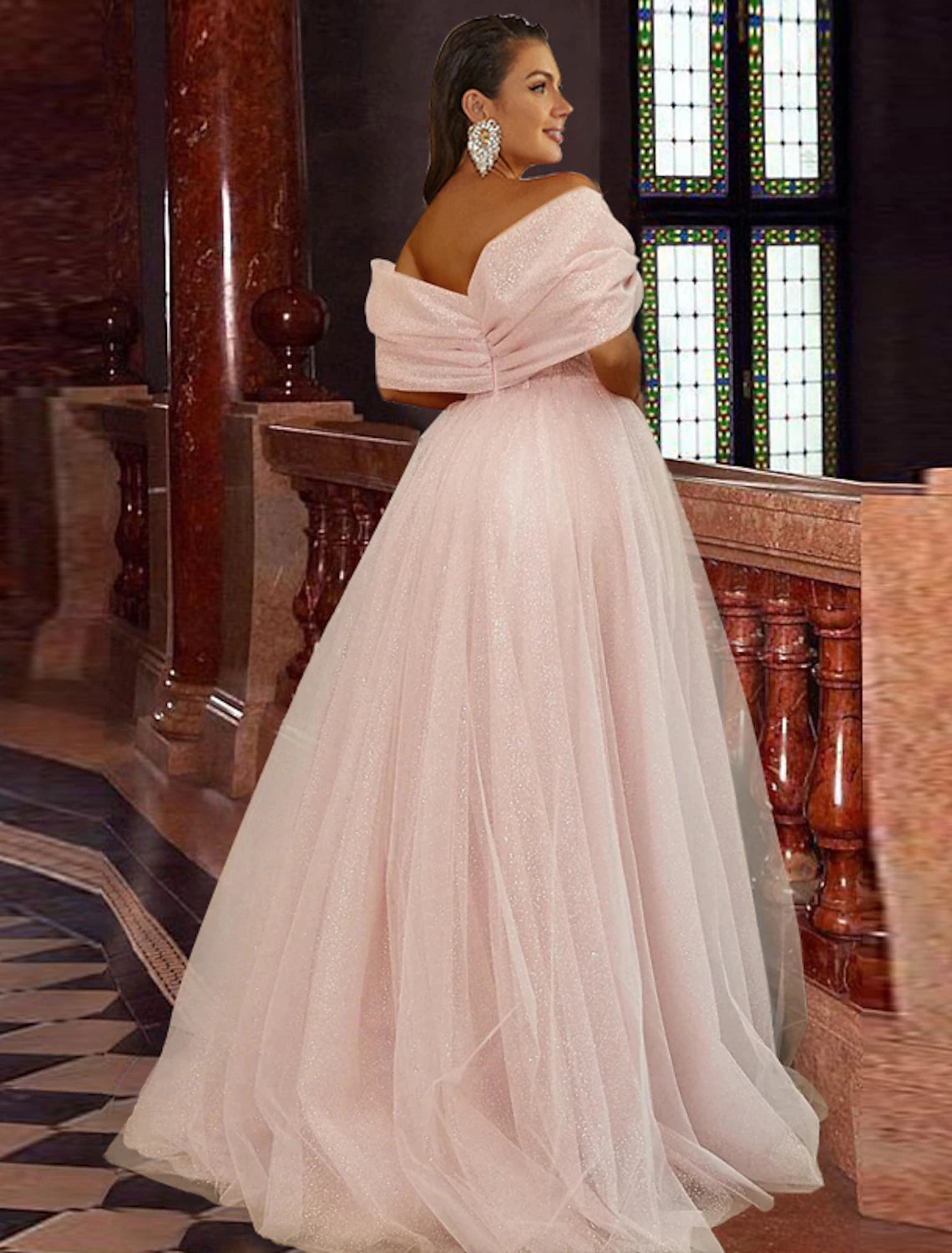 Abiti da ballo a trapezio con corsetti, abiti da ballo, strascico a ruota, maniche corte, spalle scoperte, tulle con glitter, pieghe e spacco