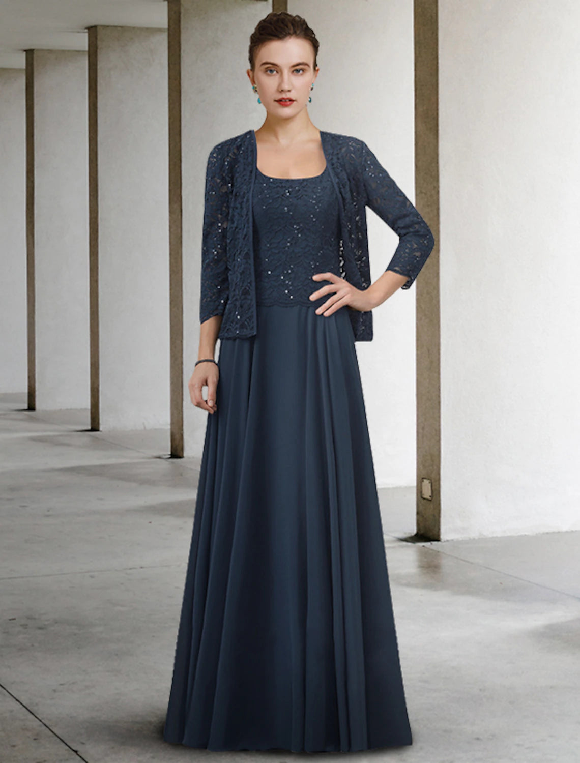 Dark Navy A-Line Floor-Length Evening Dress with Square Neck & Lace Jacket
