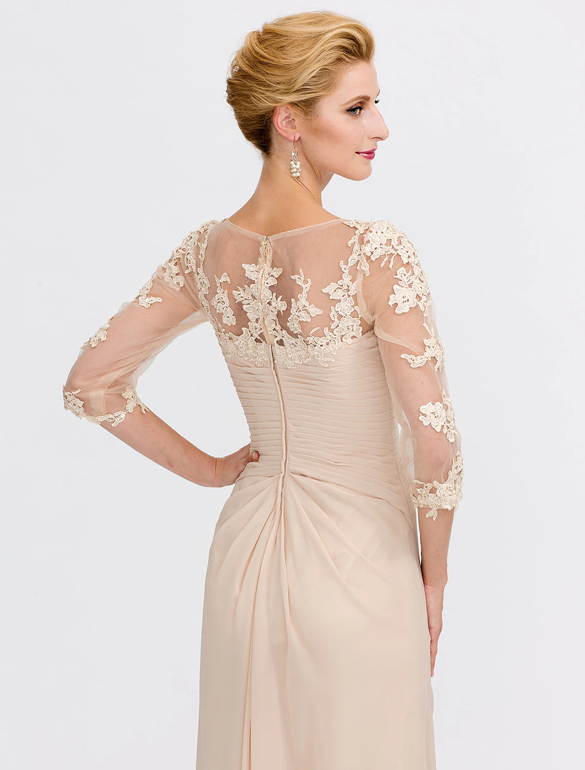 Abito da cerimonia per la madre della sposa a trapezio, abiti da cerimonia autunnali, taglie forti, elegante, trasparente, scollo a V, lunghezza pavimento, in chiffon, mezza manica, con applicazioni e drappeggio laterale