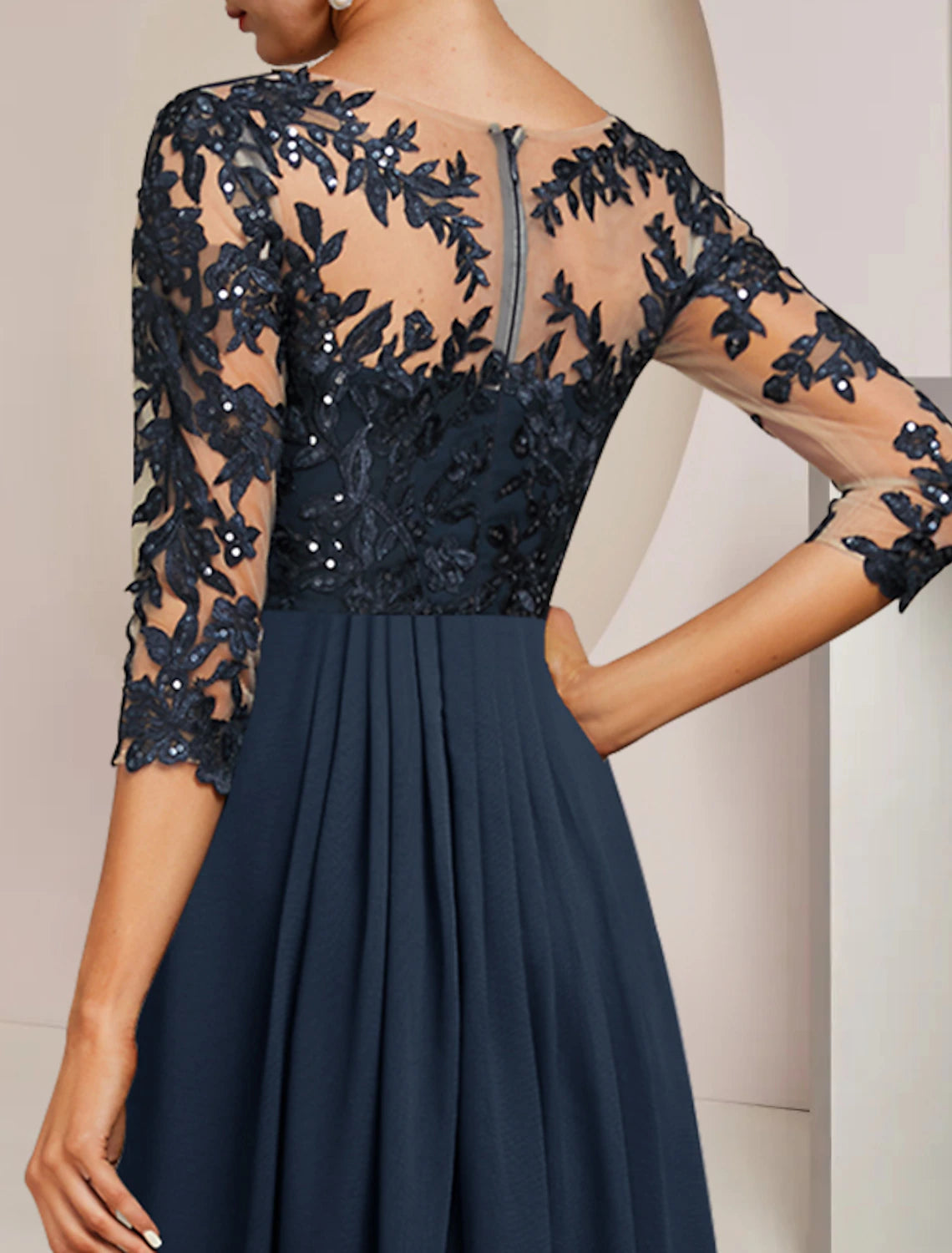 Dark Navy Chiffon A-Line Bridesmaid Dress with Lace Illusion Sleeves