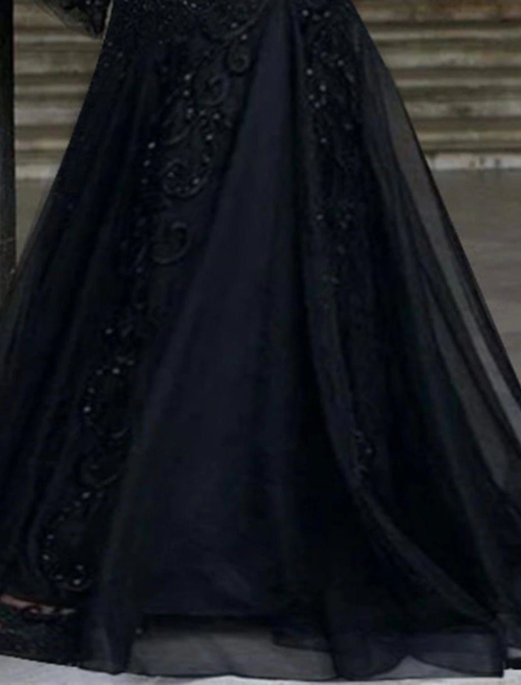 Black Lace Mermaid Floor-Length Evening Dress with V-Neck & Bell Sleeves
