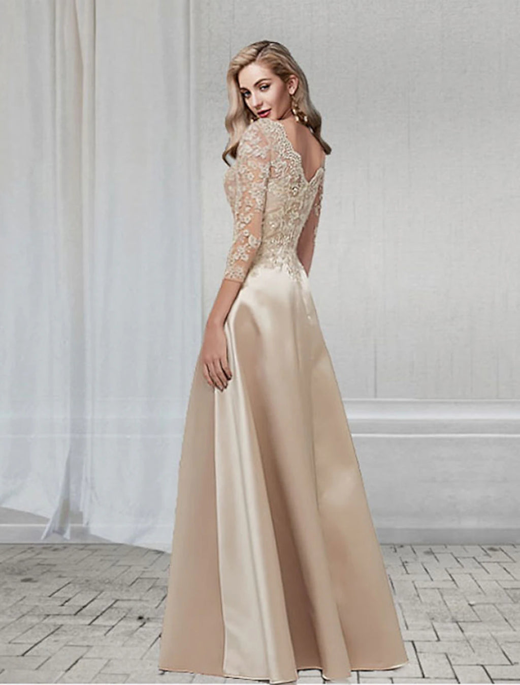 Dark Navy Satin A-Line Bridesmaid Dress with Lace Bodice