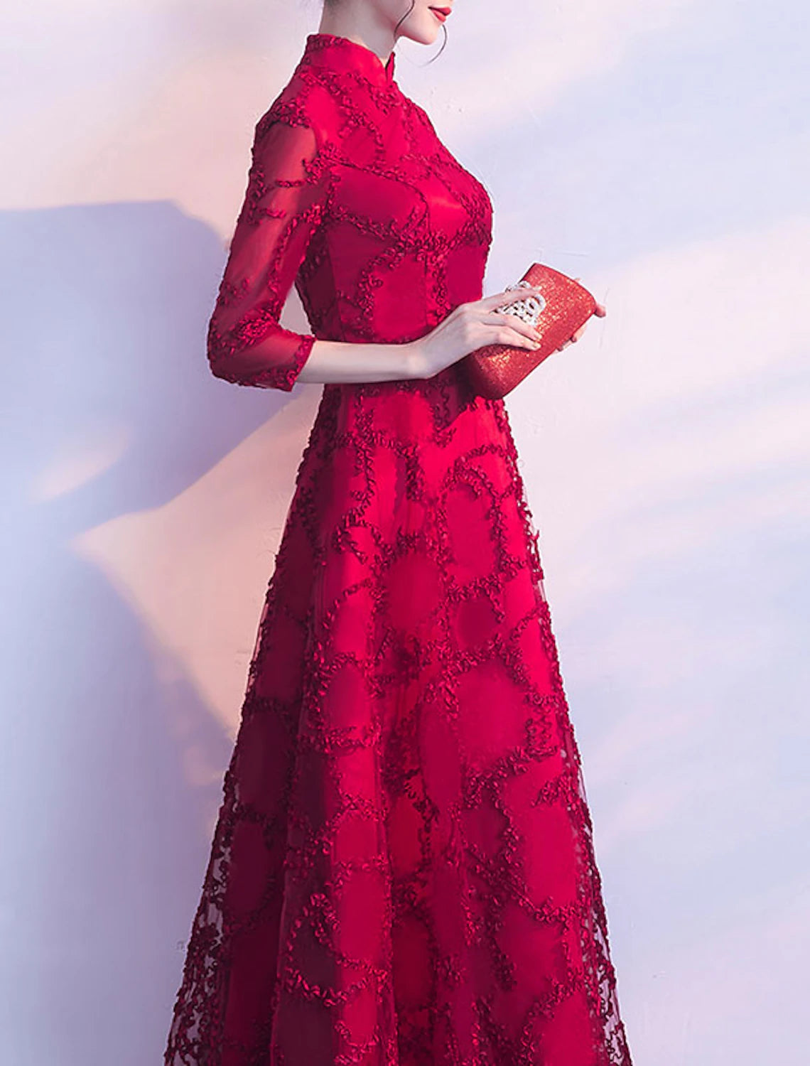 A-Line Chinese Style Vintage Prom Formal Evening Dress Stand Collar 3/4 Length Sleeve Floor Length Tulle with Pleats Appliques