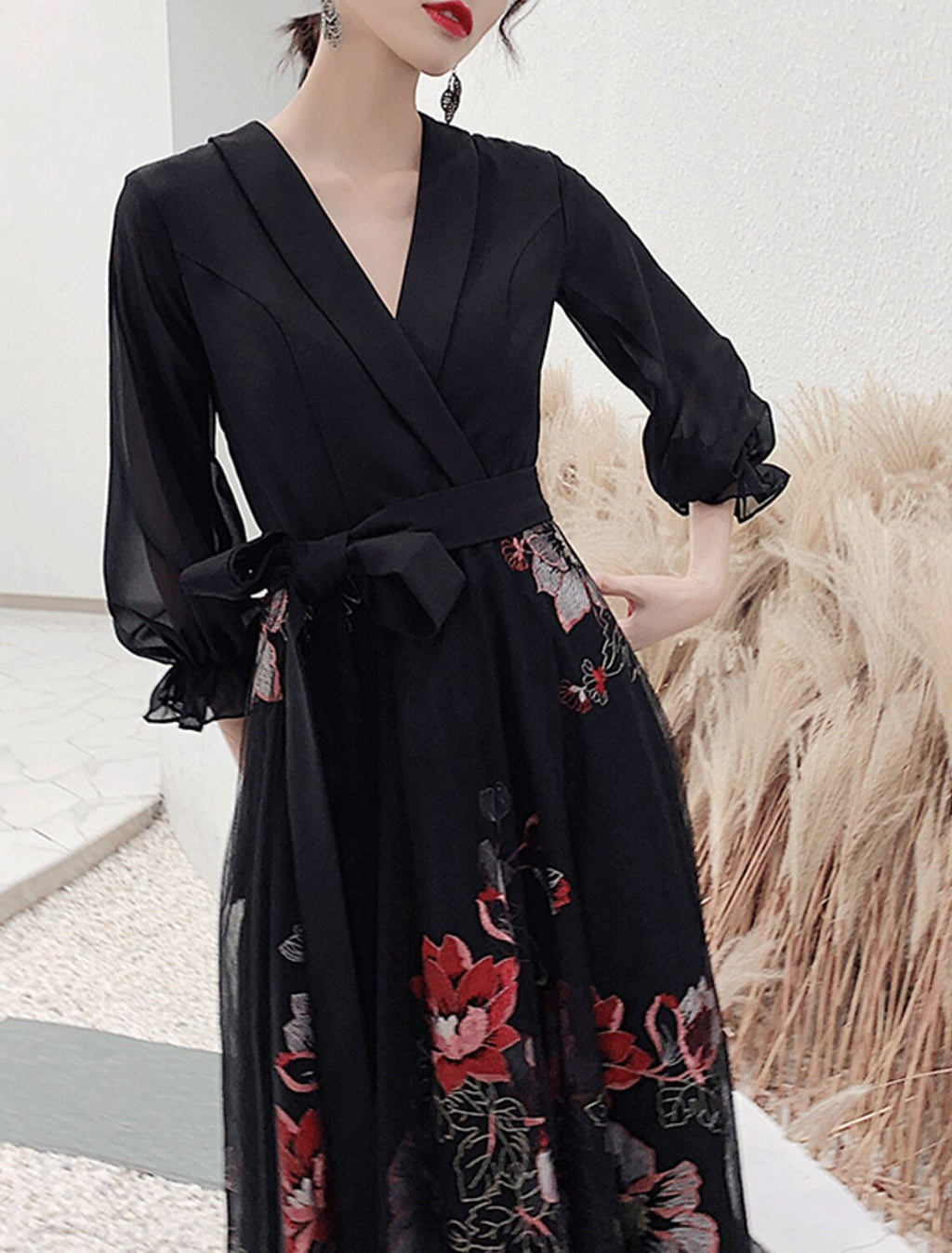 Black Chiffon A-Line Long Evening Dress with Floral Embroidery & V-Neck Wrap Bodice