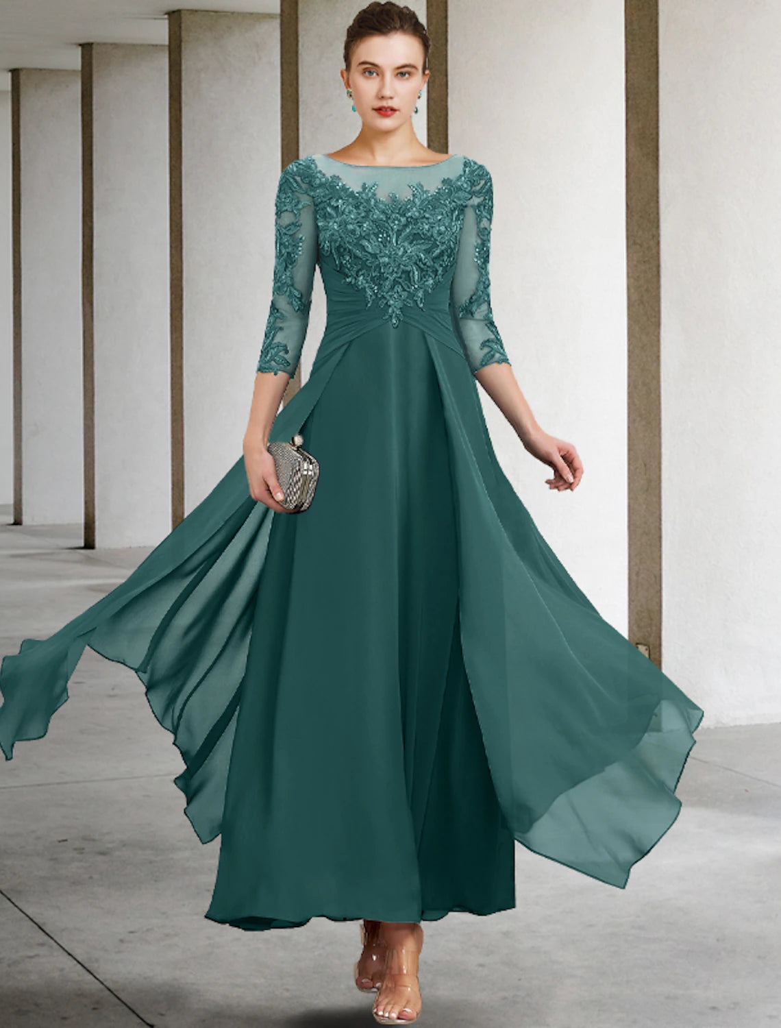 Abito da cerimonia per la madre della sposa, elegante, in chiffon, con scollo a V, lunghezza alla caviglia, in pizzo, manica a 3/4, con applicazioni di paillettes arricciate