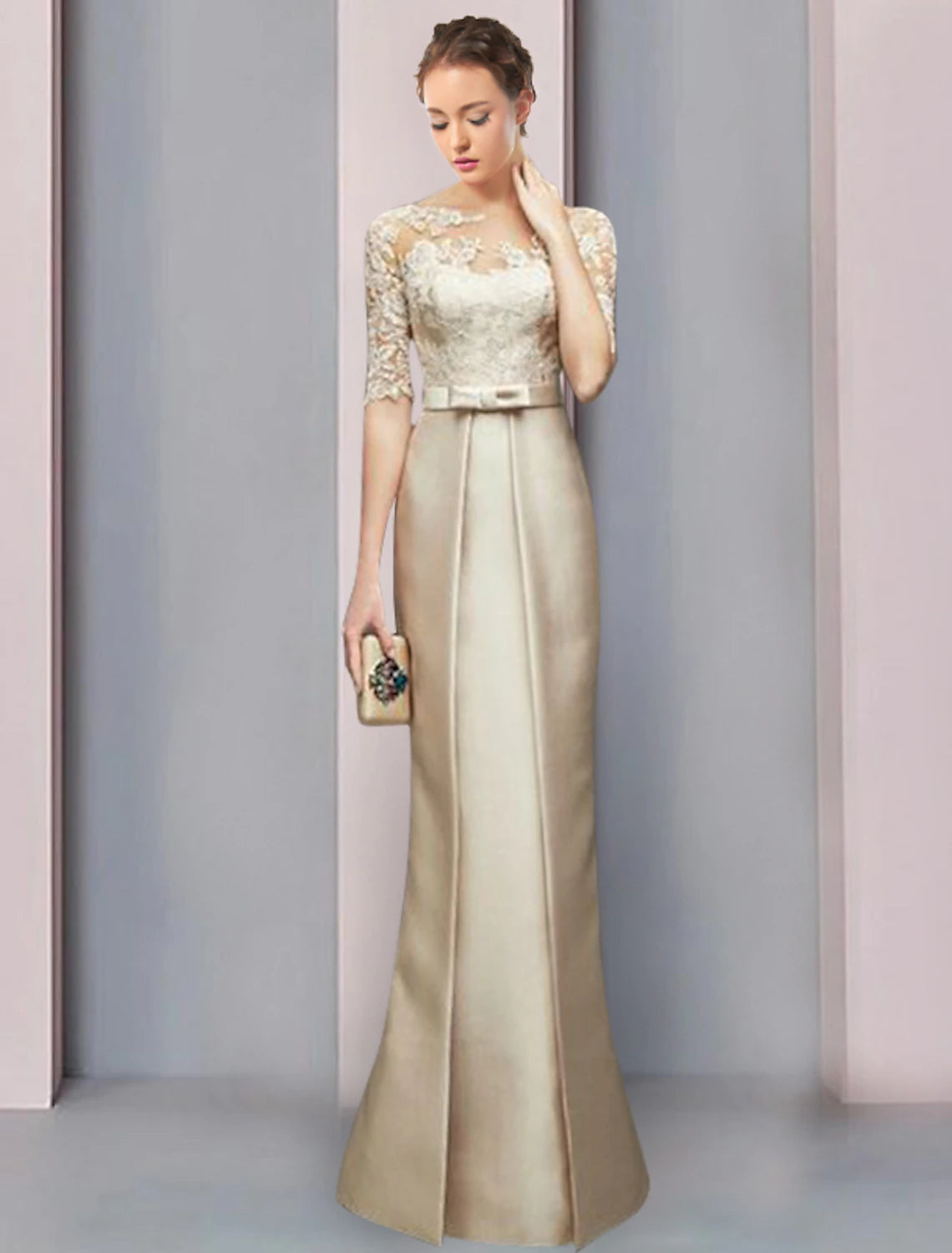 Abito da cerimonia per la madre della sposa, a tubino, con scollo a cuore, in raso, con scollo a V, lunghezza al pavimento, maniche corte, con fiocco/i e arricciature