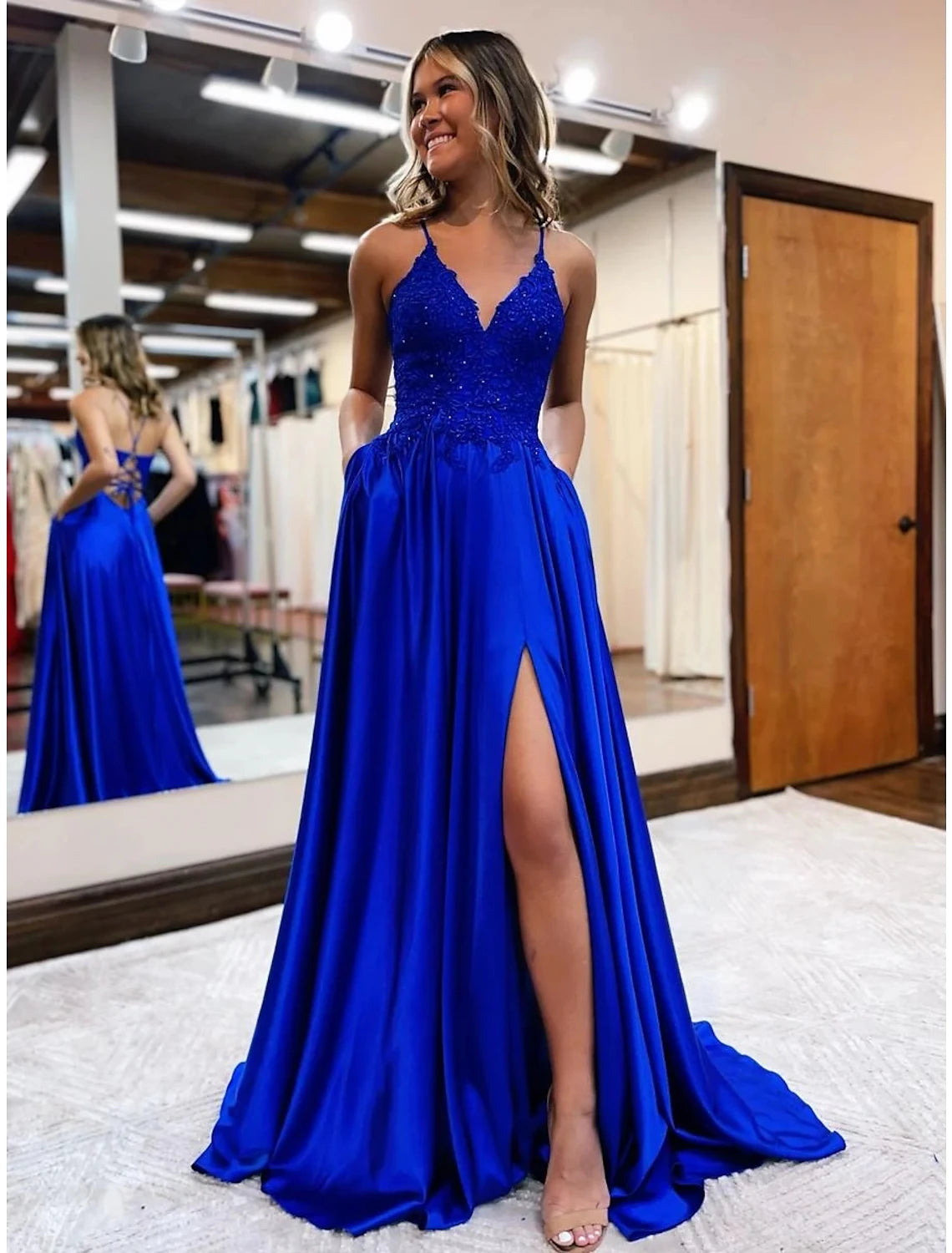 Royal Blue Satin A-Line Floor-Length V-Neck Evening Dress