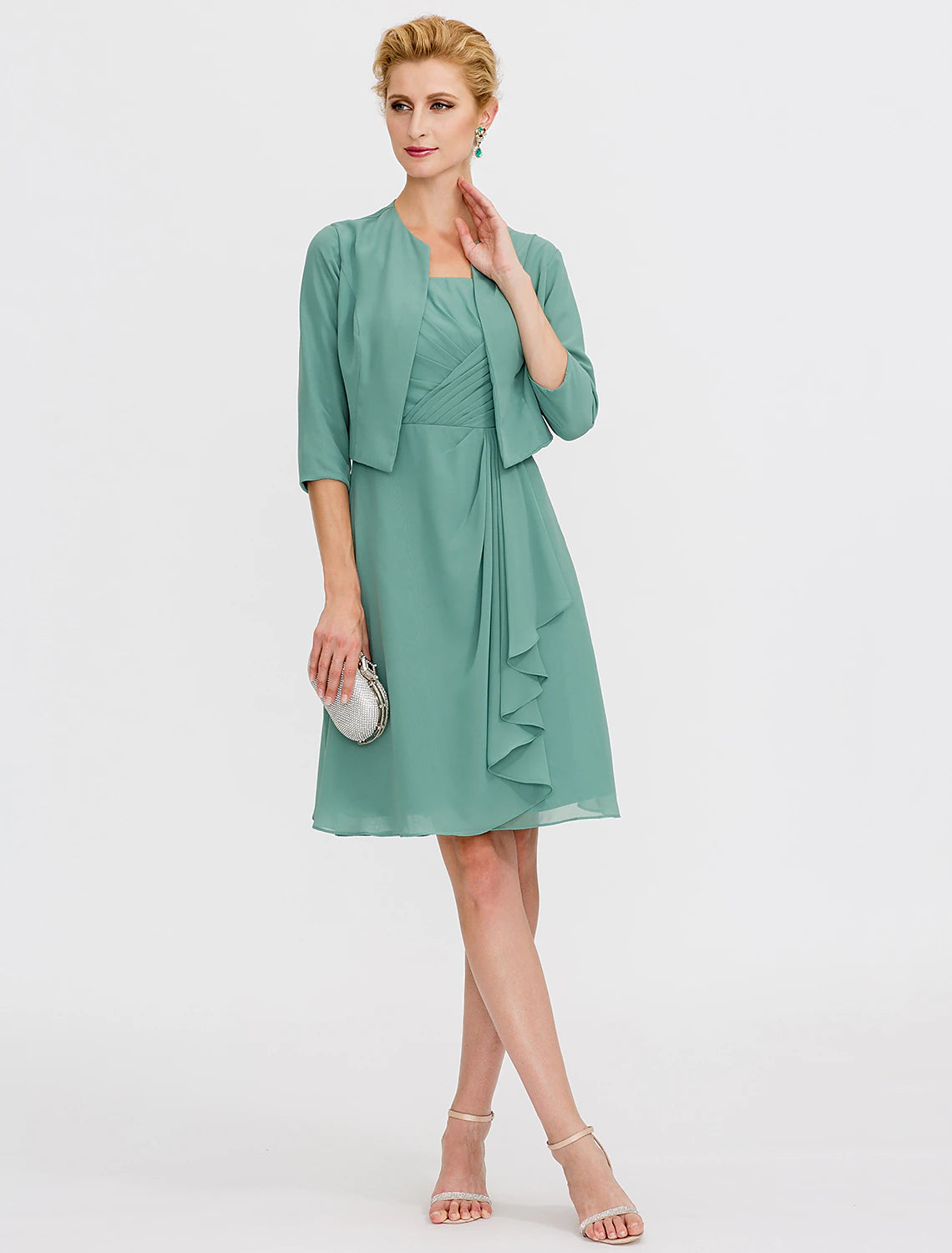 Abito da sposa a trapezio, elegante, corto/mini, in chiffon, senza maniche, con pieghe e perline, due pezzi, formale