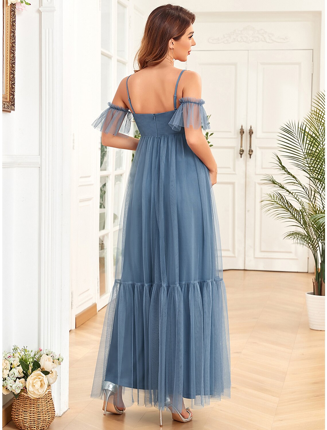 Dusty Blue Tulle Empire Floor-Length Bridesmaid Dress