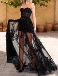 Vestidos de fiesta de corte A, vestidos florales, vestidos de fiesta, vestidos de boda, hasta el suelo, sin mangas, sin tirantes, miércoles, familia Addams, encaje con apliques