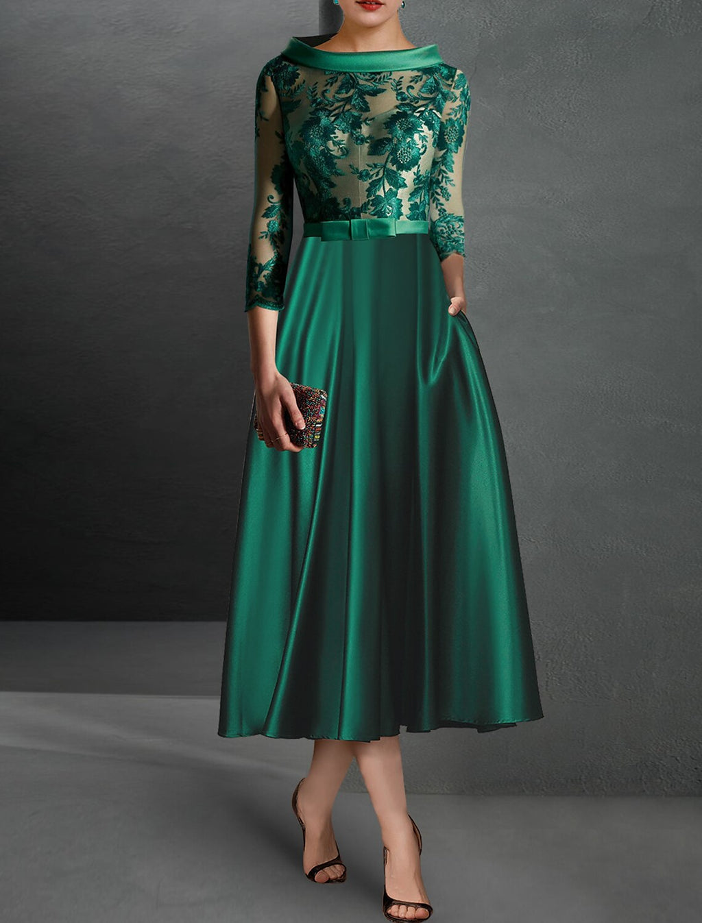 Emerald Satin A-Line Tea-Length Dress with Lace Bodice and Boat Neck Collar
