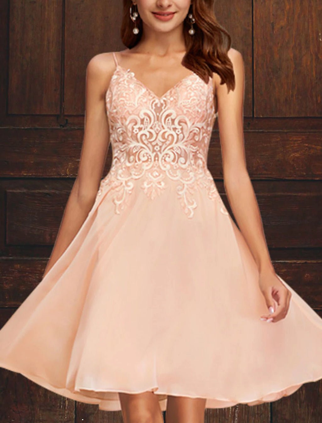 Blushing Pink Short A-Line Chiffon Dress with Lace V-Neck Bodice