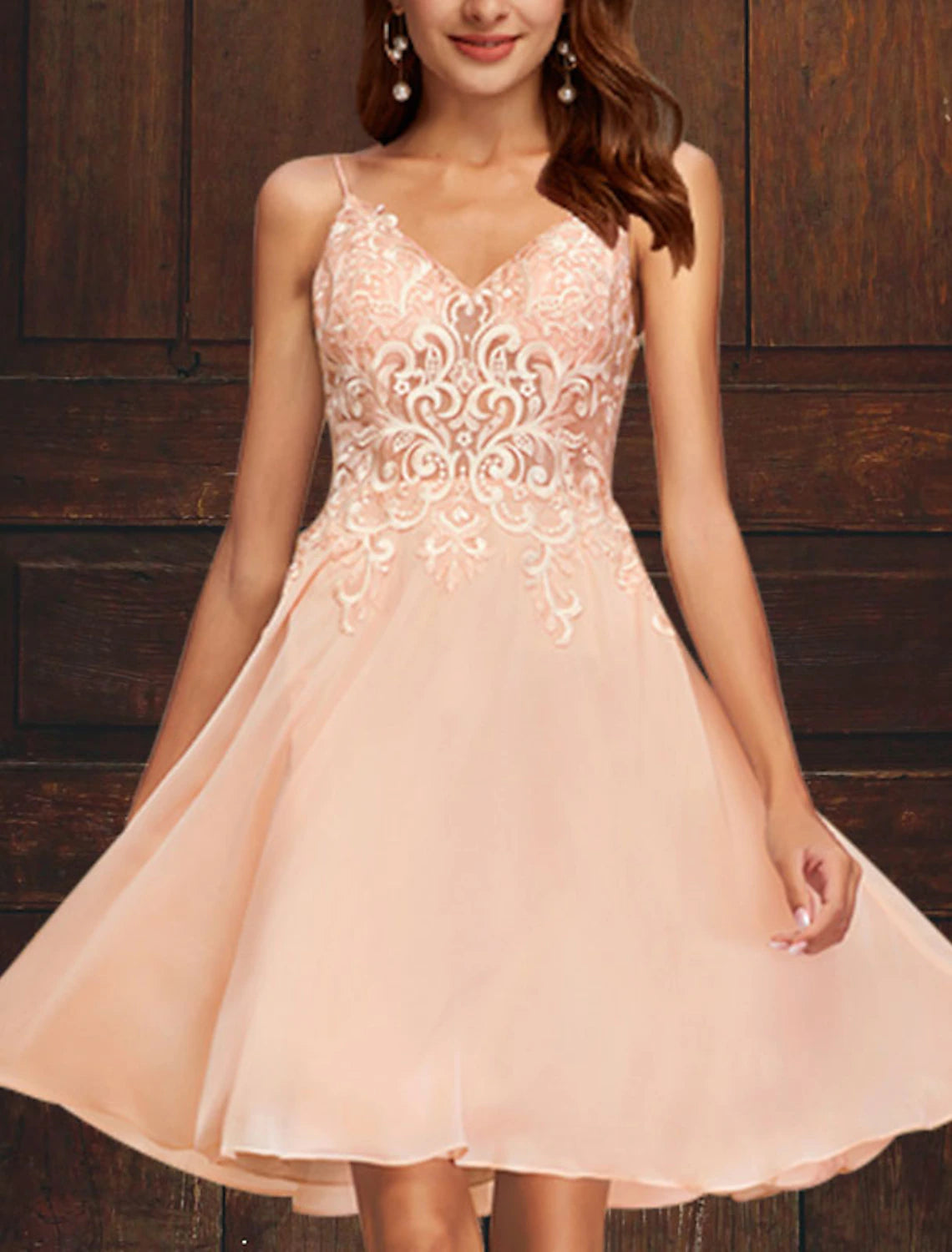 Blushing Pink Short A-Line Chiffon Dress with Lace V-Neck Bodice