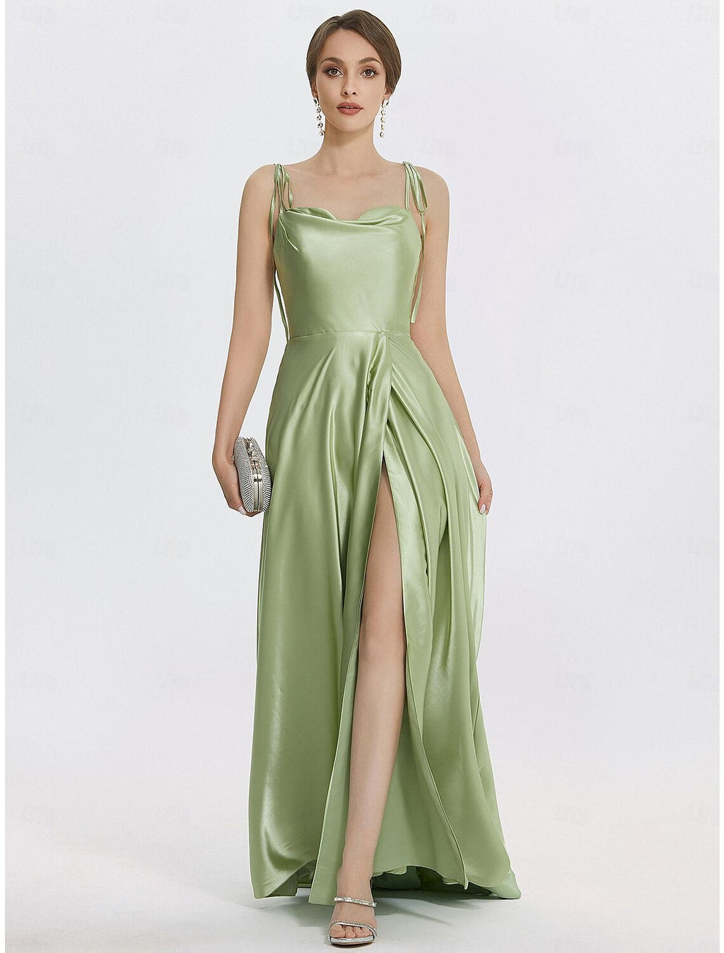 Vestido de noche elegante de corte A, vestido formal de graduación, largo hasta el suelo, sin mangas, tirantes finos, satén con abertura fruncida y tiras