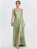Vestido de noche elegante de corte A, vestido formal de graduación, largo hasta el suelo, sin mangas, tirantes finos, satén con abertura fruncida y tiras