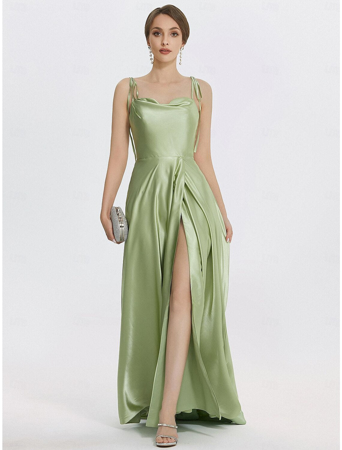 Vestido de noche elegante de corte A, vestido formal de graduación, largo hasta el suelo, sin mangas, tirantes finos, satén con abertura fruncida y tiras