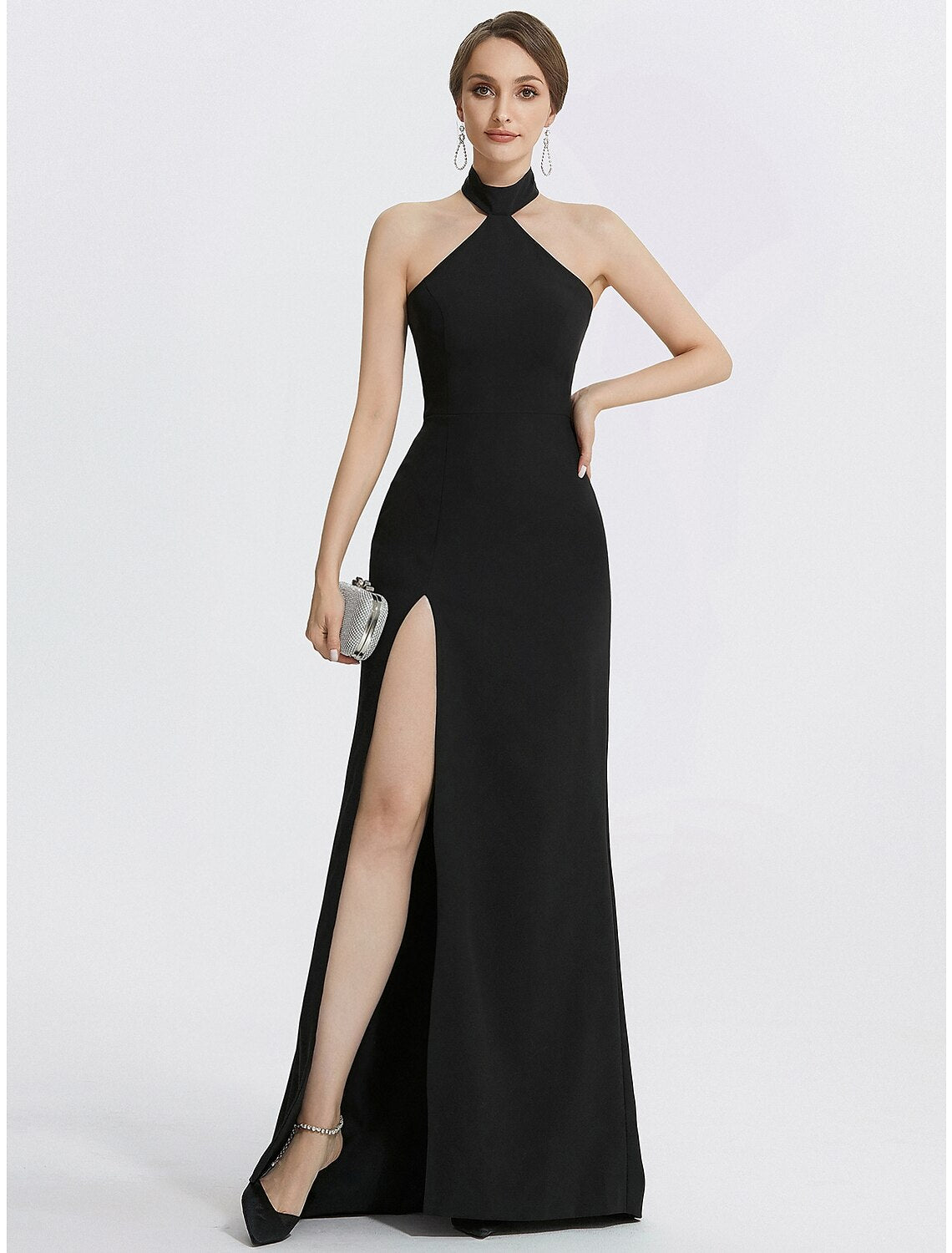 Vestido de noche de tubo/columna, vestido negro, vestido de boda, invitado de graduación, largo hasta el suelo, sin mangas, cuello halter, tela con fruncido