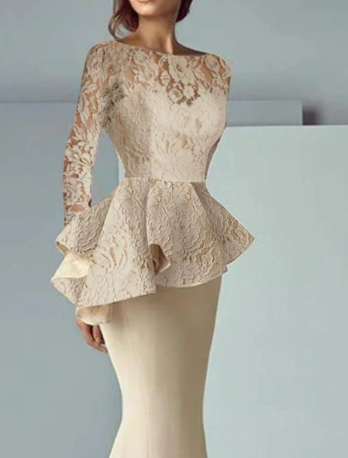 Mermaid / Trumpet Mother of the Bride Dress Formal Wedding Guest Elegant Scoop Neck Floor Length Lace  Fabric Long Sleeve with Ruffles