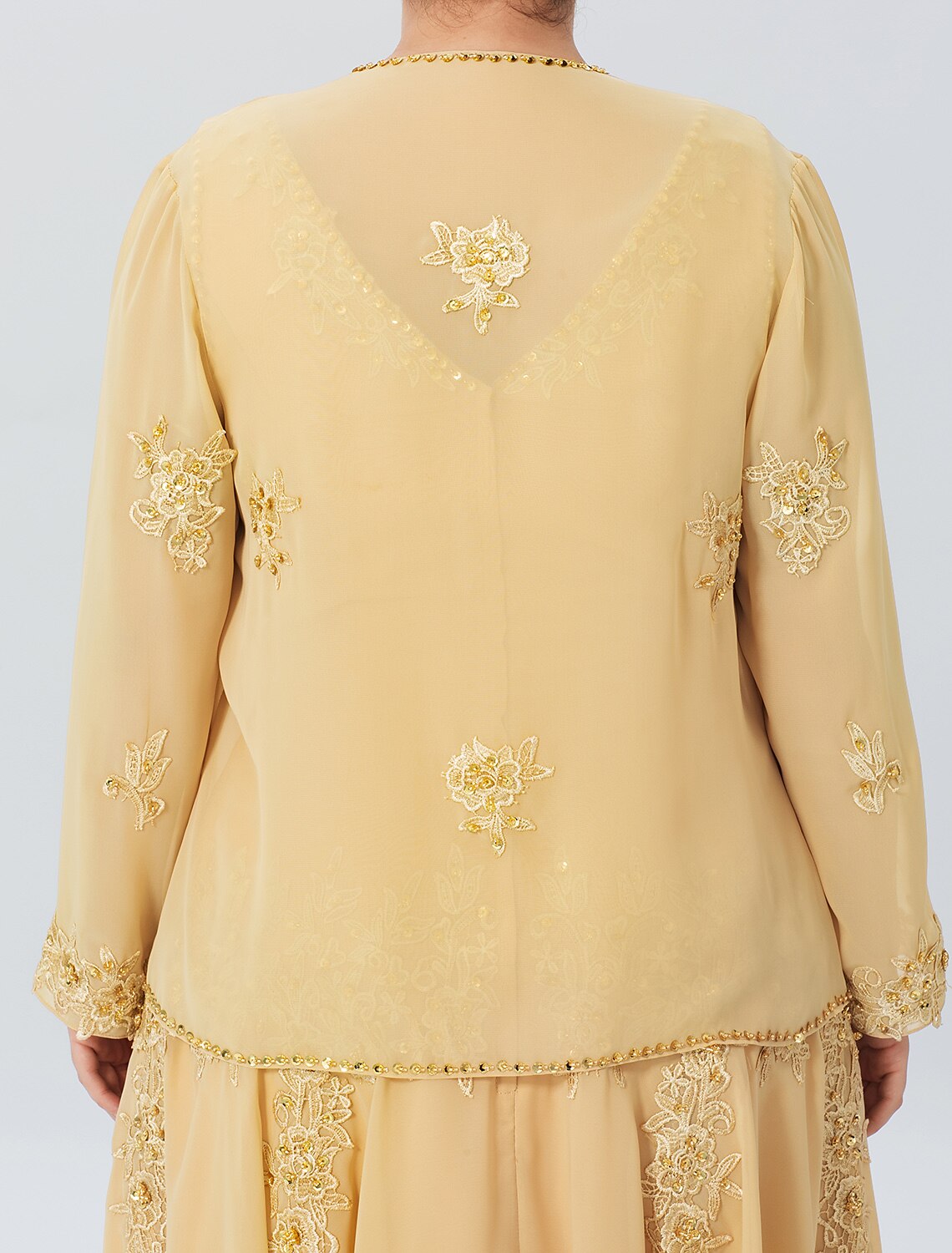 Abito da sposa a trapezio, formale, taglie forti, elegante, scollo a V asimmetrico, in chiffon, pizzo con perline, maniche lunghe, avvolgente, con applicazioni di perline