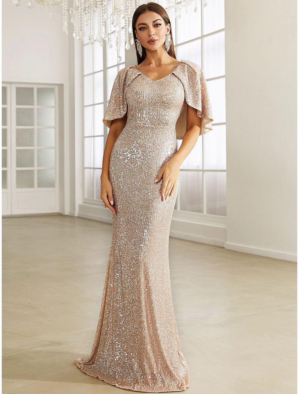 Gold Sequin V-Neck Sheath/column Floor-Length Evening Dress with Cape Sleeves
