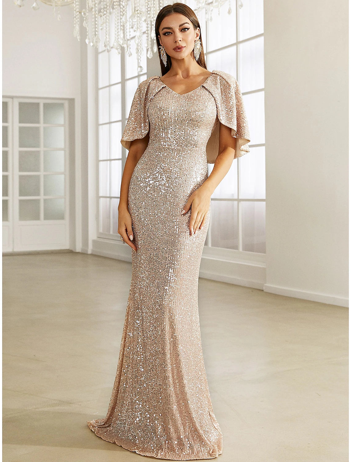 Gold Sequin V-Neck Sheath/column Floor-Length Evening Dress with Cape Sleeves