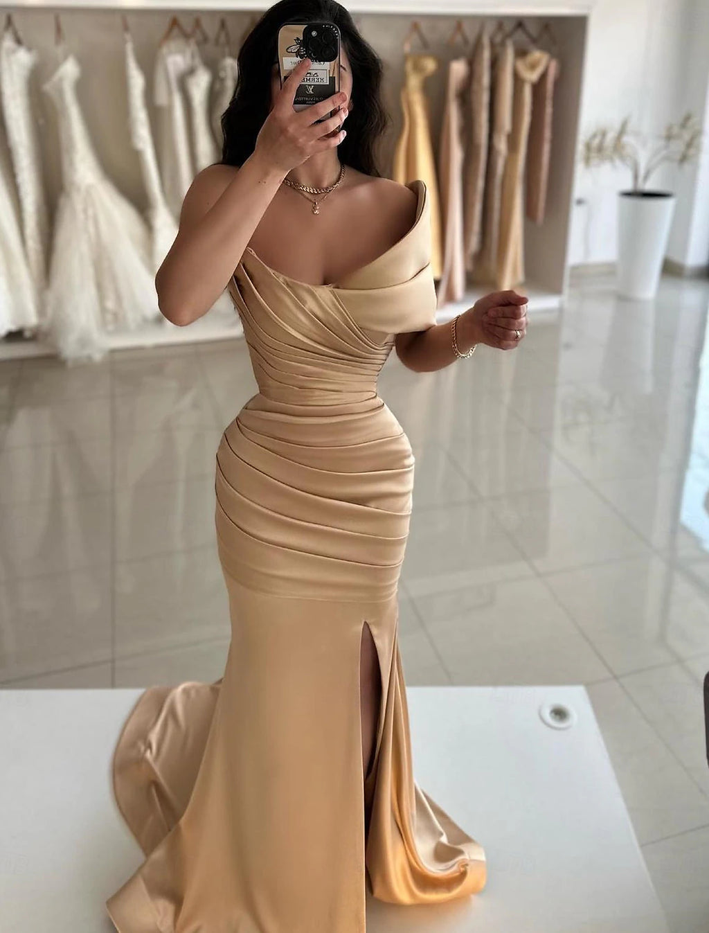 Champagne Satin Mermaid Floor-Length Evening Dress with Off-the-Shoulder Neckline & High Slit | Jimiss