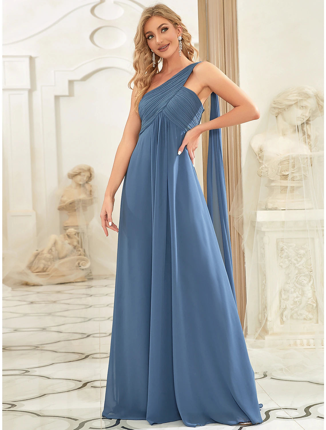 Royal Blue One Shoulder Pleated A-Line Chiffon Floor-Length Bridesmaid Dress