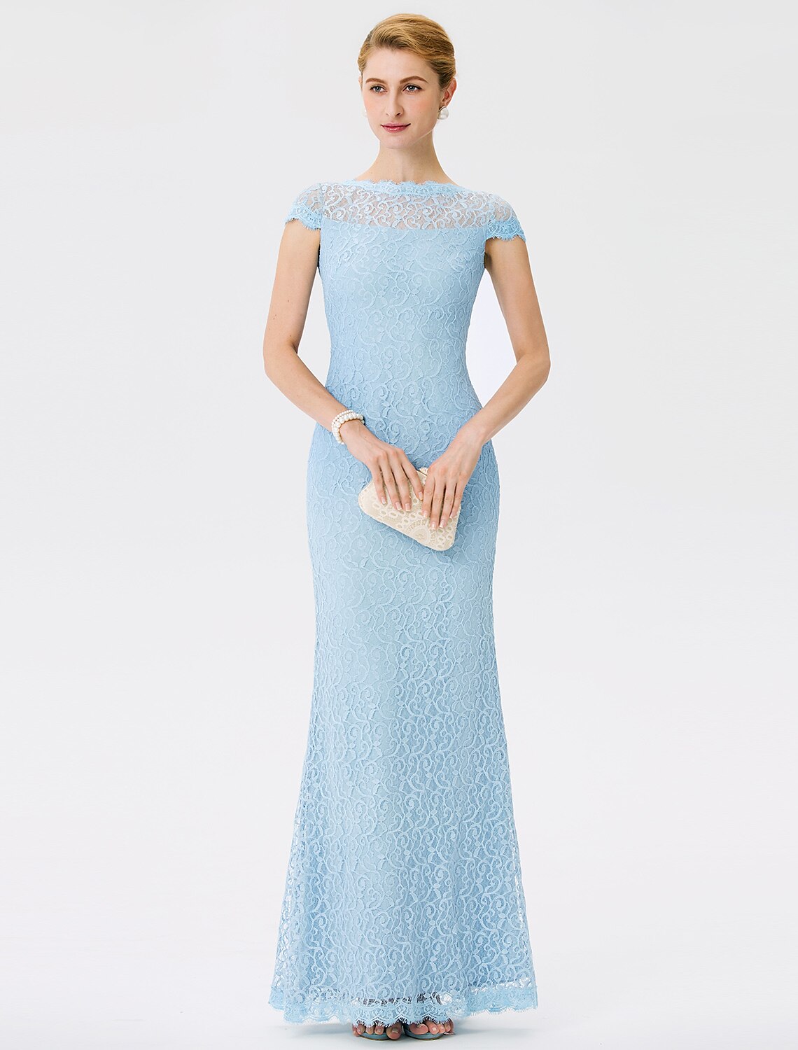 Abito da madre della sposa a tubino/colonna, elegante, con scollo a V, lunghezza al pavimento, in pizzo, maniche corte, senza pizzo