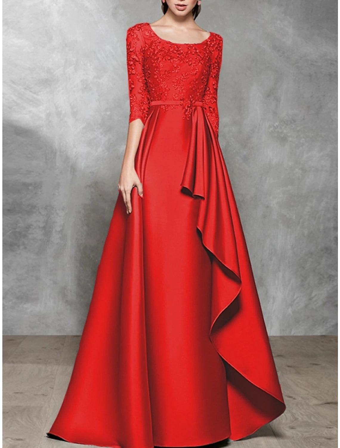 Abito da sera a trapezio, abito nero, taglie forti, elegante, formale, da sposa, lungo, manica corta, scollo a barchetta, in raso con pieghe, 2025