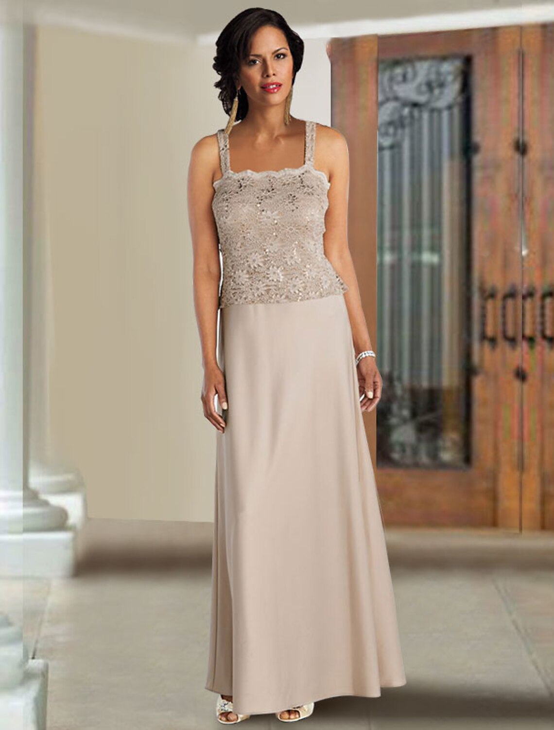 Vestido elegante de dos piezas de corte A para madre de la novia, escote cuadrado, tirantes finos, largo hasta el suelo, de gasa, encaje, sin mangas, cruzado incluido con color sólido