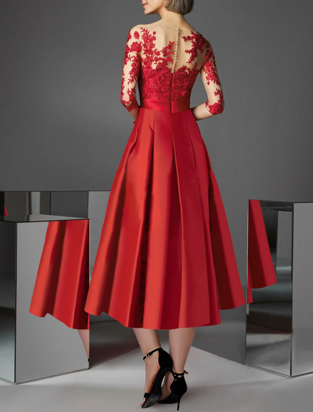 Red Lace A-Line Tea-Length Evening Dress with Bow Waist