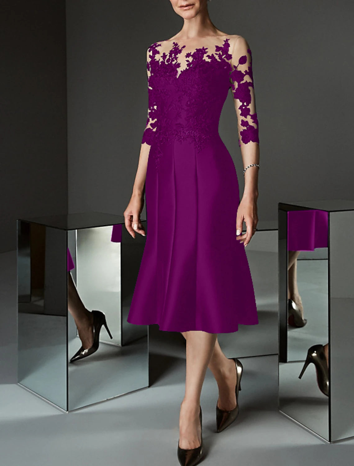 Vestido de sirena/trompeta para madre de la novia, para invitada de boda, transparente, cuello barco, largo hasta la rodilla, encaje de satén, manga 3/4 con botones y apliques