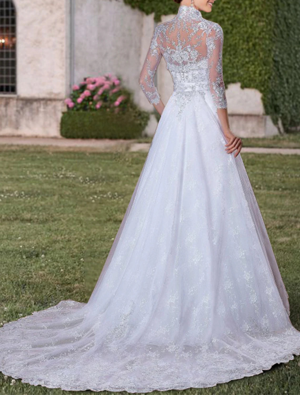 Vestidos de novia formales de compromiso, de dos piezas, escote corazón, mangas 3/4, cola de corte, vestidos de novia de encaje con apliques de cuentas