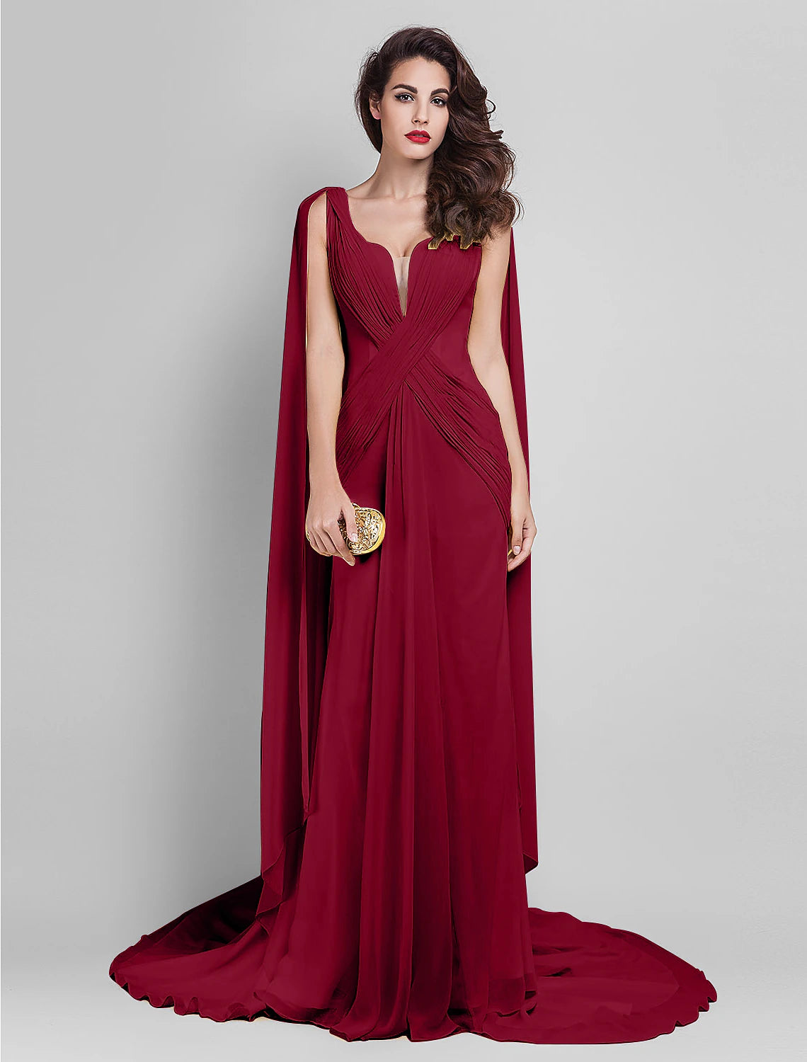Lemon Chiffon Sheath/column Floor-Length Evening Dress with Flowing Cape