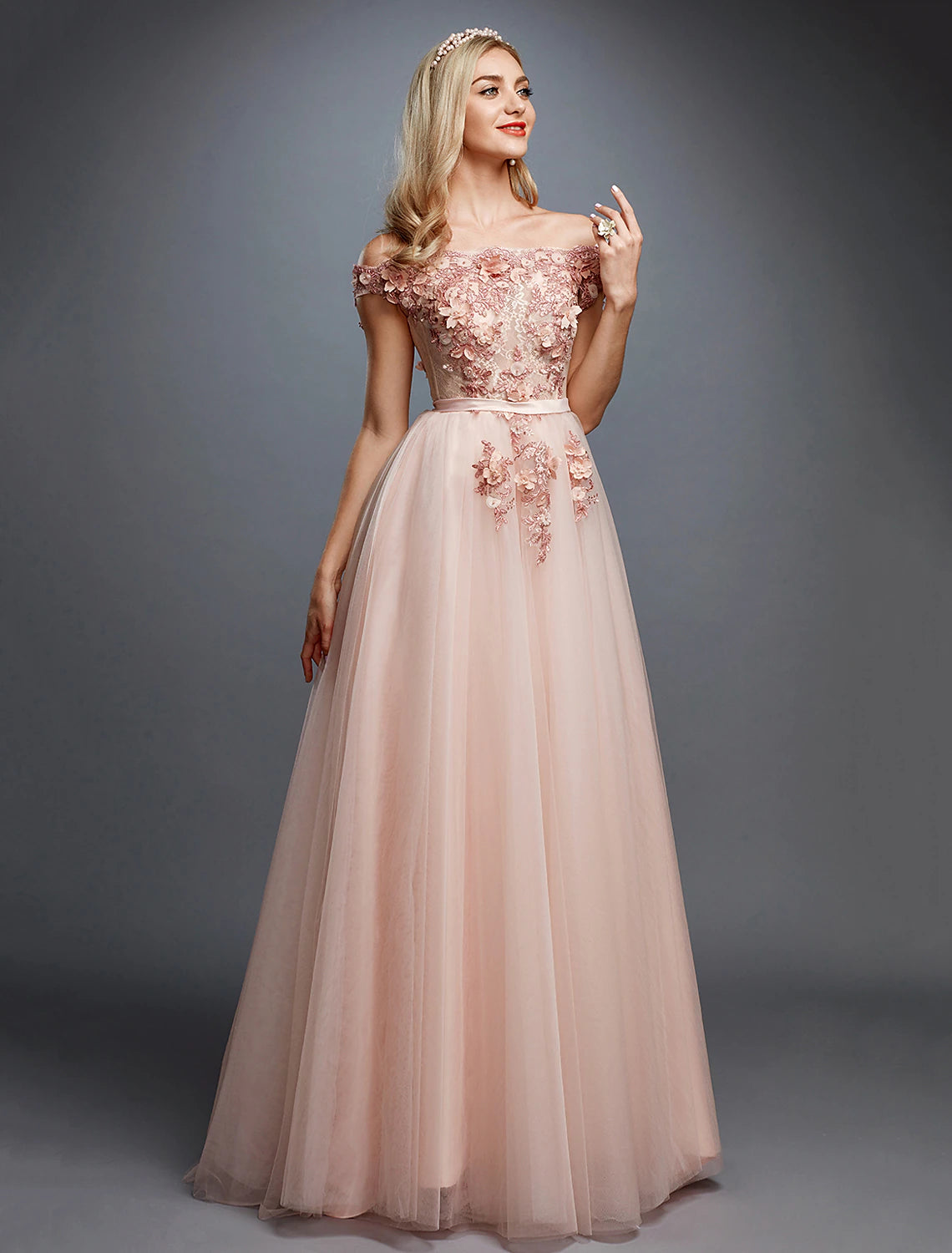 Vestido floral de corte A para invitada de boda, baile de graduación, cola larga/cortada, sin mangas, hombros descubiertos, tul sobre encaje con apliques