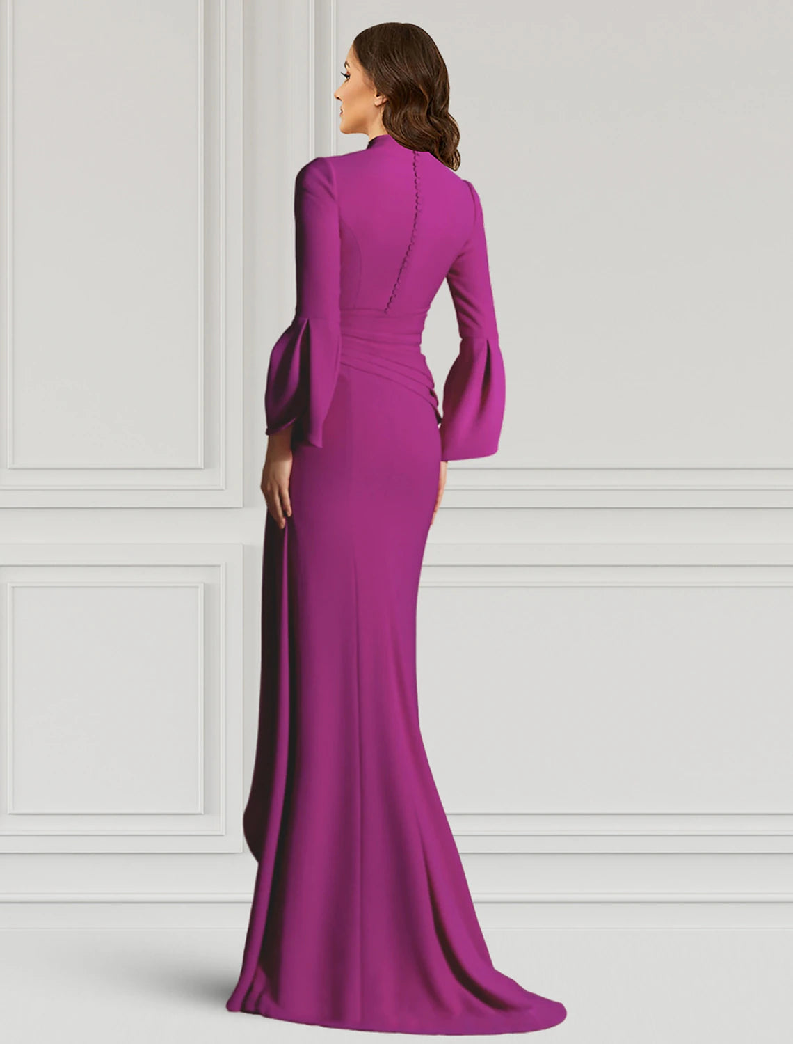 Mulberry Crepe A-Line Floor-Length Evening Dress with Plunging V-Neck and Bell Sleeves