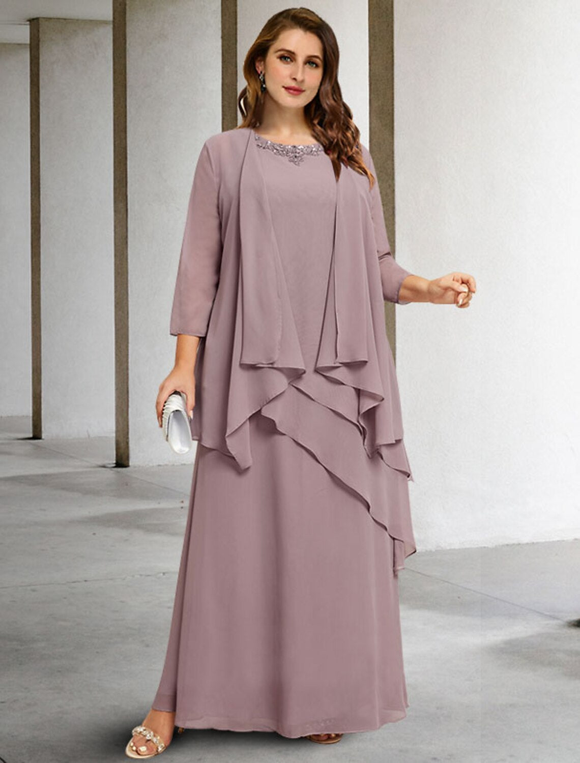 Vestido de dos piezas de corte A para madre de la novia, talla grande, con curvas ocultas en el vientre, elegante, formal, largo hasta el suelo, sin mangas, cuello joya, gasa con volantes de lentejuelas y apliques