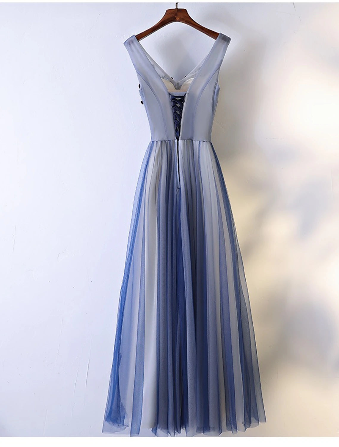 Dusty Blue Tulle A-Line Floor-Length V-Neck Evening Dress - Embroidered Bodice