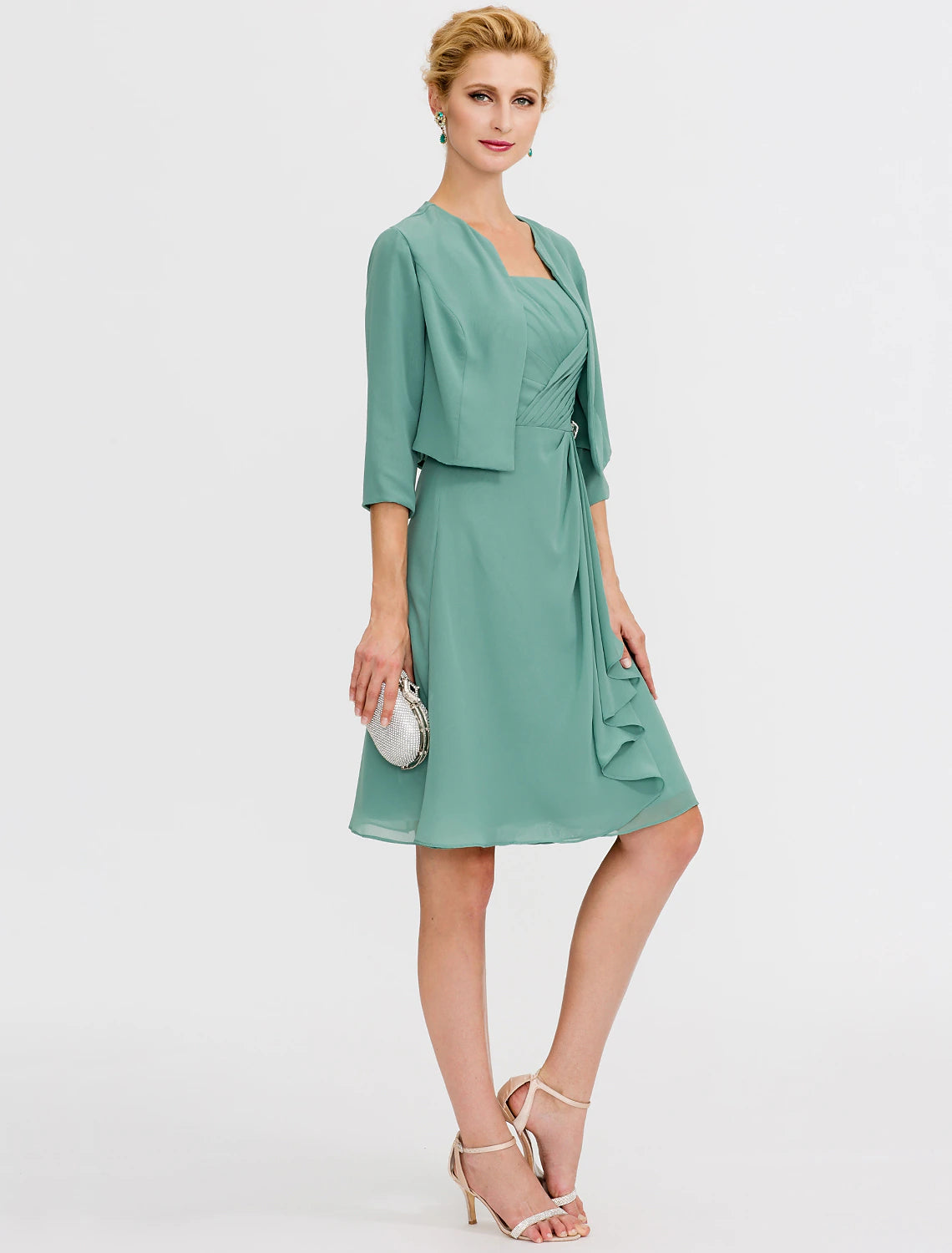 Abito da sposa a trapezio, elegante, corto/mini, in chiffon, senza maniche, con pieghe e perline, due pezzi, formale