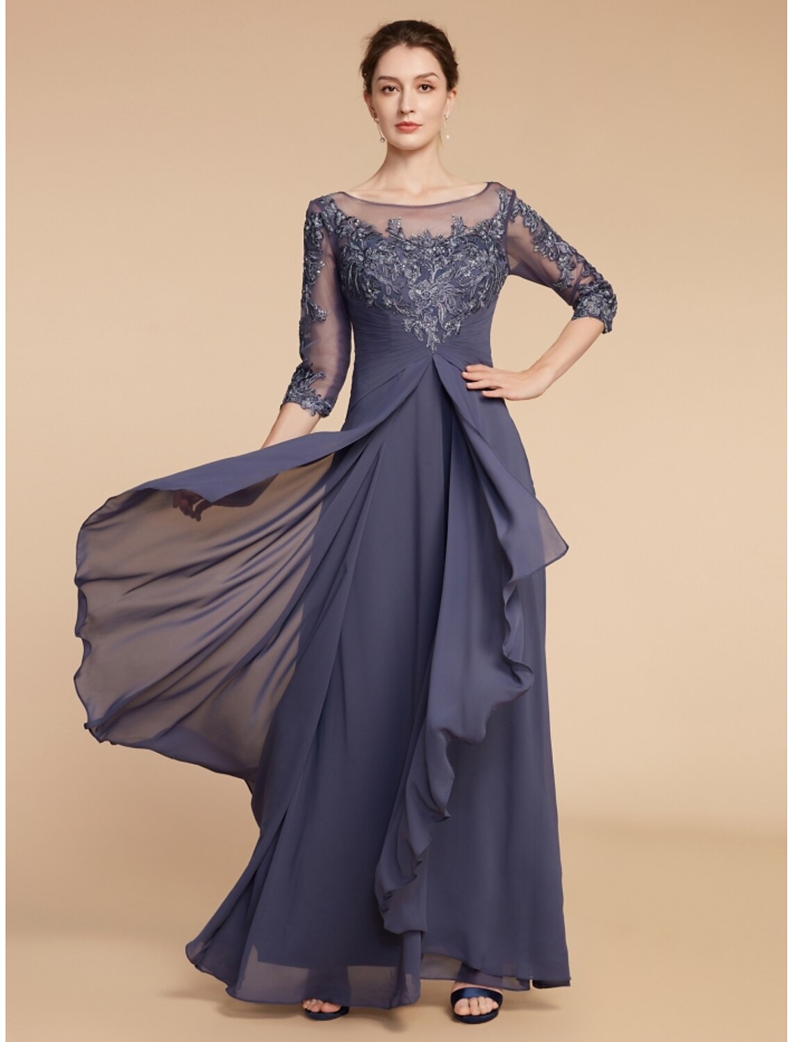 Abito da cerimonia per la madre della sposa, a tubino, elegante, stile vintage, con scollo a barchetta, lunghezza alla caviglia, in chiffon, pizzo, mezza manica, con volant e arricciature