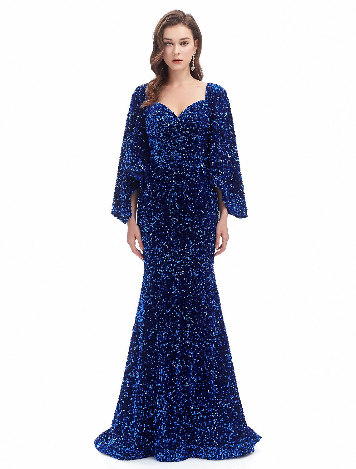 Vestido de noche de sirena/trompeta con brillo, vestido formal de noche, cola de corte, manga larga, escote corazón con lentejuelas