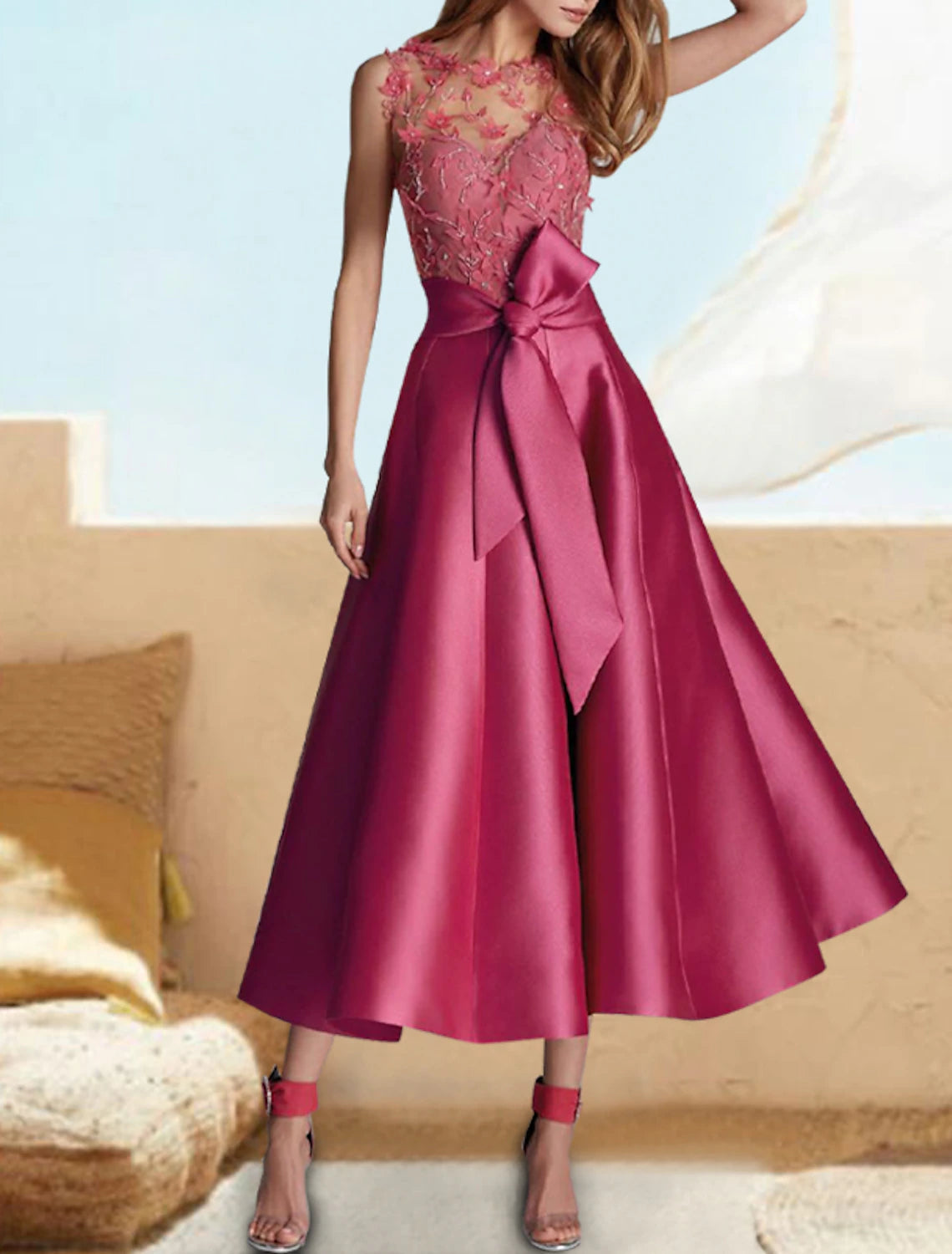 Vestidos de cóctel de corte A, florales, para invitadas de boda, formales, hasta la rodilla, sin mangas, con escote joya, de satén, con faja o cinta, para invitadas de boda de otoño, 2025