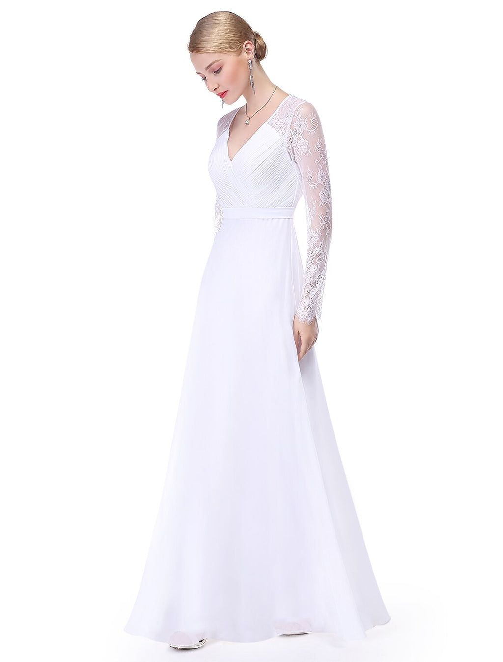 Abito da sera a trapezio, elegante, da invitata a nozze, da sera formale, lungo fino al pavimento, a maniche lunghe, scollo a V, in chiffon con fascia/nastro e inserto in pizzo arricciato