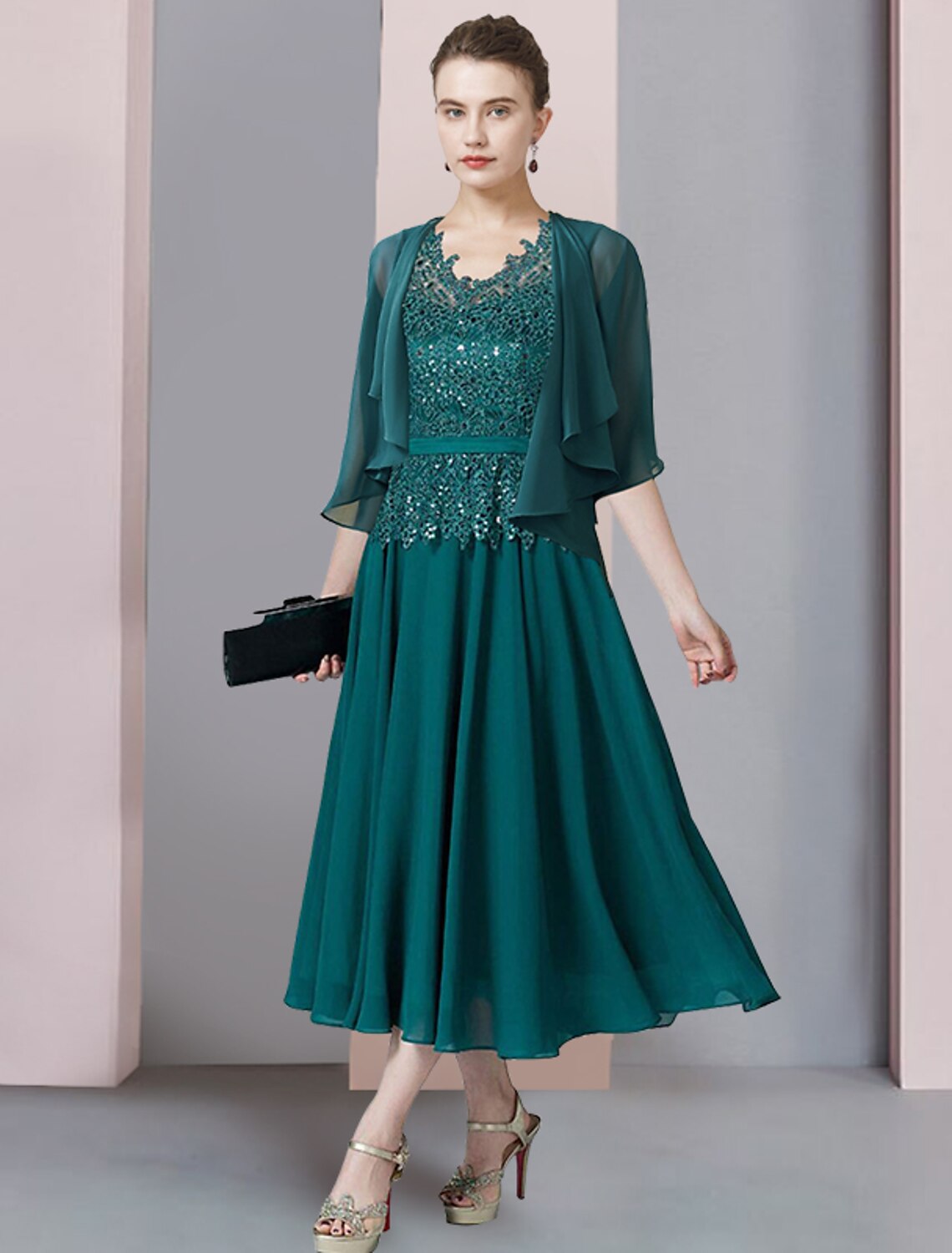 Emerald Sequined Lace Chiffon A-Line Tea-Length Evening Dress