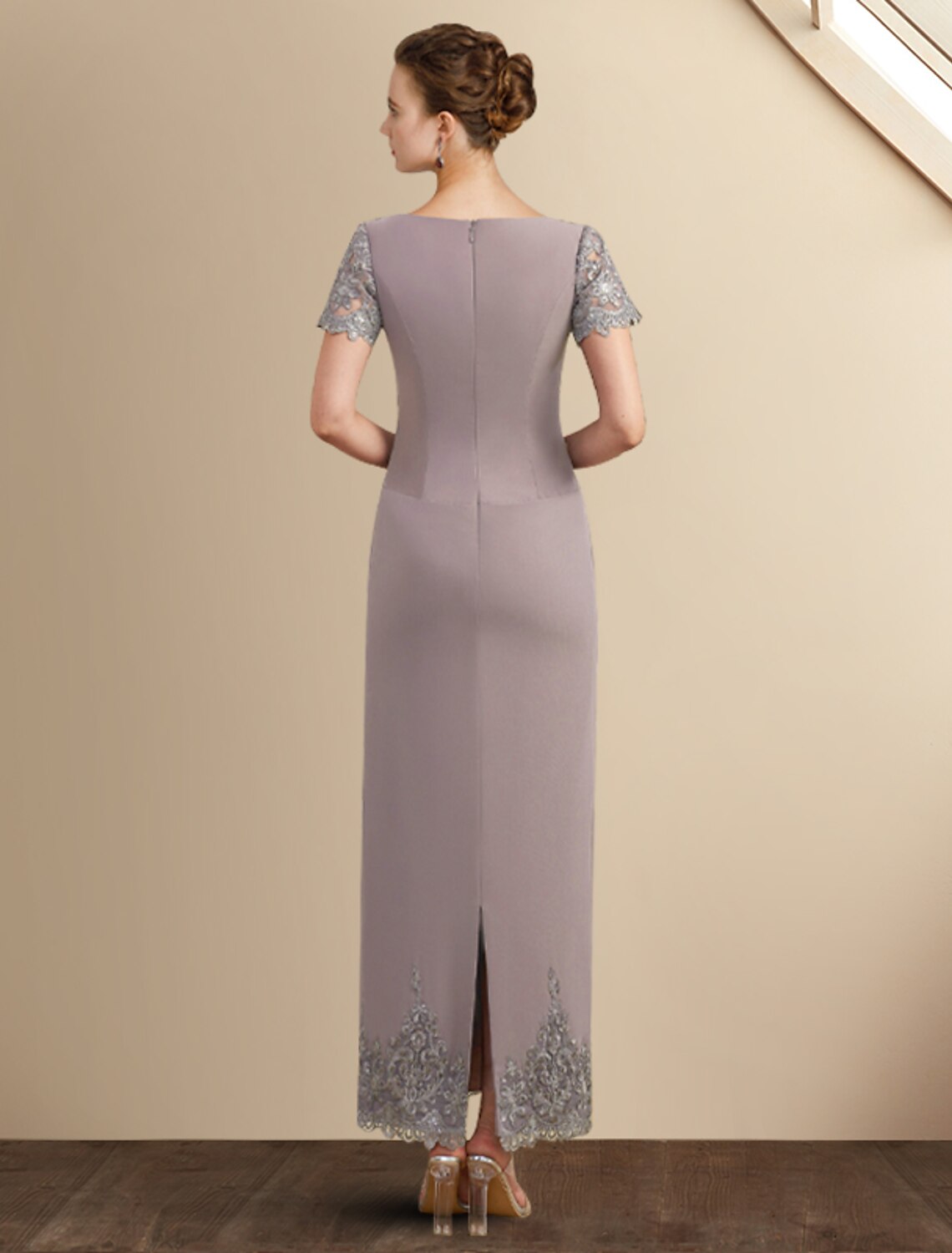 Vestido de madre de la novia con corte tubo/columna, elegante, escote joya, largo hasta los tobillos, de gasa, encaje, manga corta y apliques