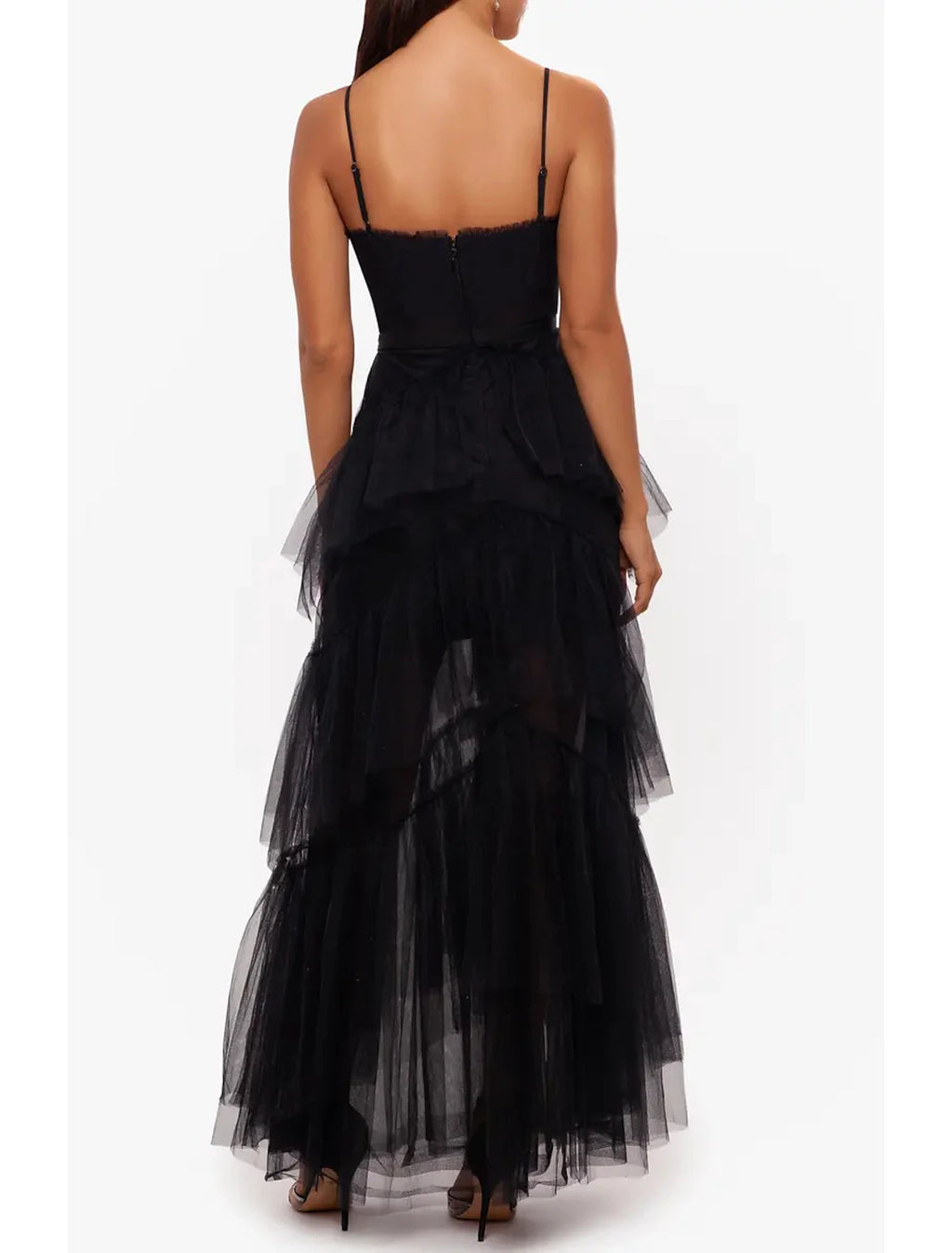 Black Tiered Tulle Floor-Length Evening Dress with Straight Neck